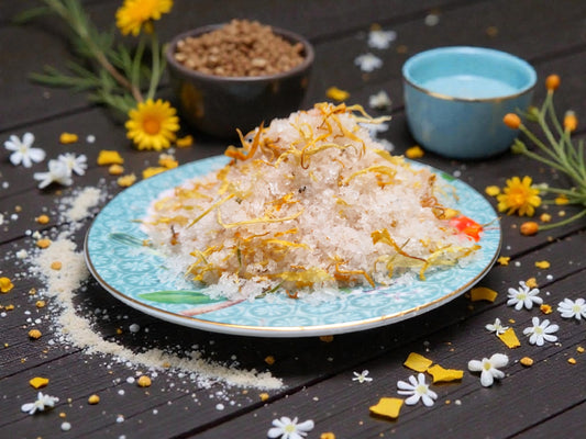 Floral Equinox - bad tisane met natuurlijke zouten, amandelolie,  neroli en jasmijnolie en goudsbloem